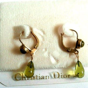 Christian Dior Gold Plated Leverback Earrings with Green Gripoix Glass Droplet