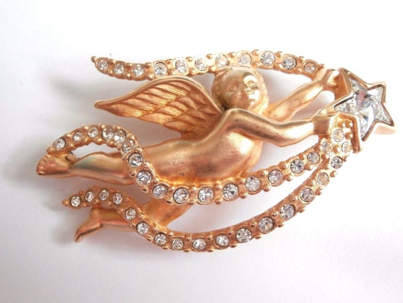 Swarovski Signed Gold Plated Star Angel Pin Brooc… - image 2