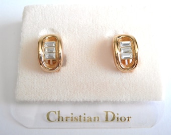 Christian Dior Signed Gold Plated Clip On  Earrings Set with Clear Crystals