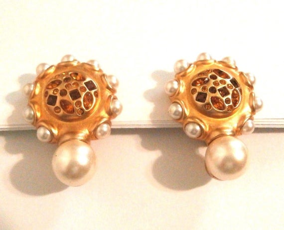 Swarovski Signed Gold Plated Clip Earrings w/Pear… - image 1