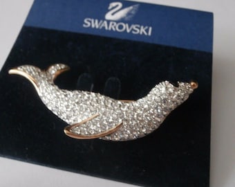 Swarovski Signed Pin Brooch Seal set with Clear Crystals in Rhodium with Gold Plated Details