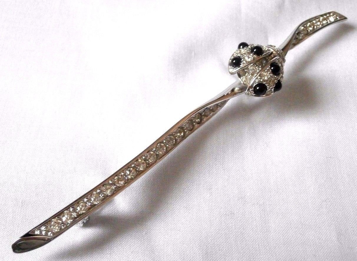 Christian Dior Signed Pin Brooch Rhodium Plated Ladybug on Branch