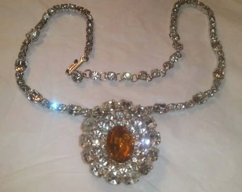 Signed Christian Dior by Kramer Clear Crystal Choker with Orange Crystal Pendant