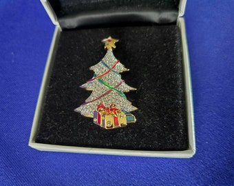 Swarovski Signed Christmas Tree Pin Brooch set with Clear Crystals and Highlighted with Colors & Star on Top