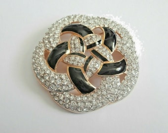 Dior4U Swarovski Signed Gold Plated Pin Brooch with Clear Crystals & Black Cloisonne