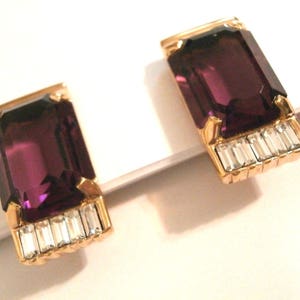 Swarovski Signed Gold Plated Clip Earrings w/Amethyst Purple & Clear Crystals