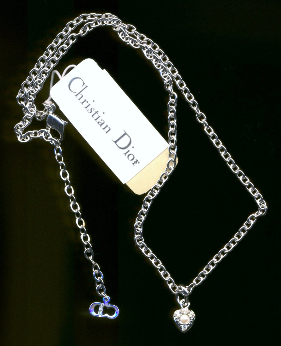 【Dior】Heart charm multi-chain necklace Christian Dior Signed Necklace Rhodium With Crystal & Pearl