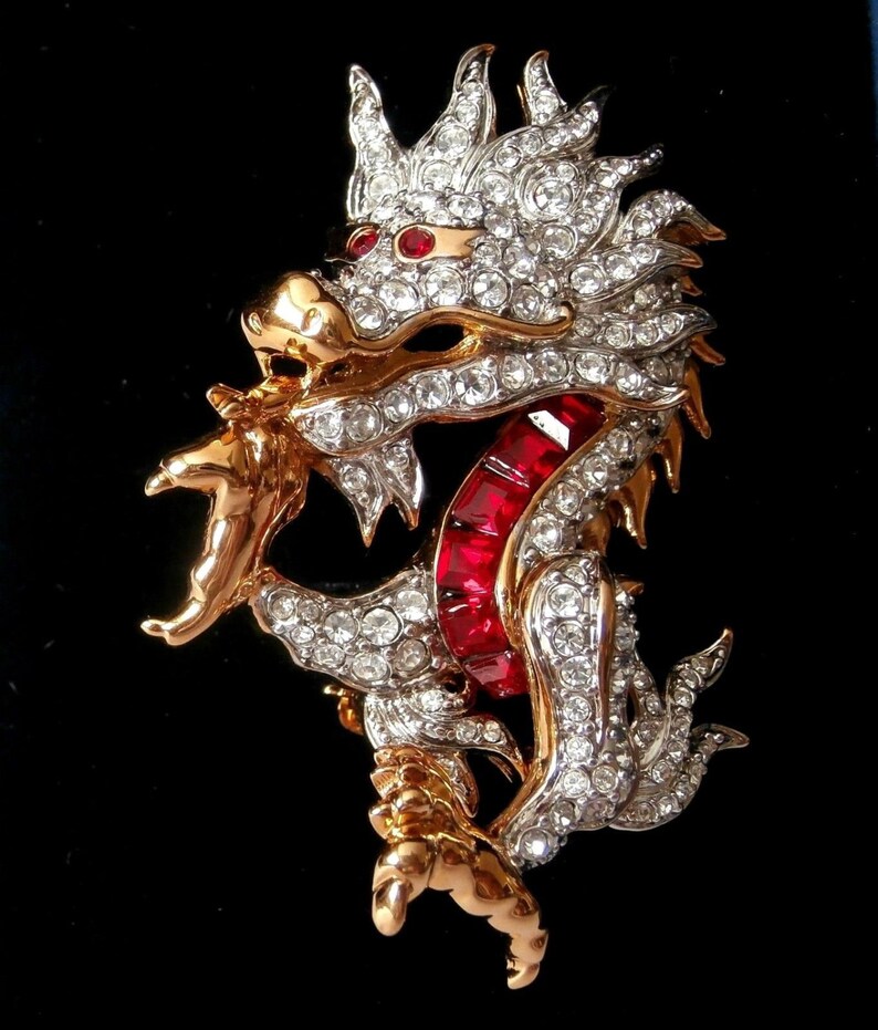 Swarovski Signed Dragon Pin Brooch Rhodium set with Red and Etsy