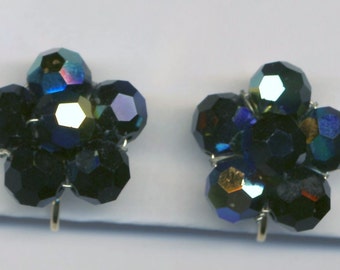 1960's Swarovski Savvy Clip Earrings with Jet Black Crystal Beads