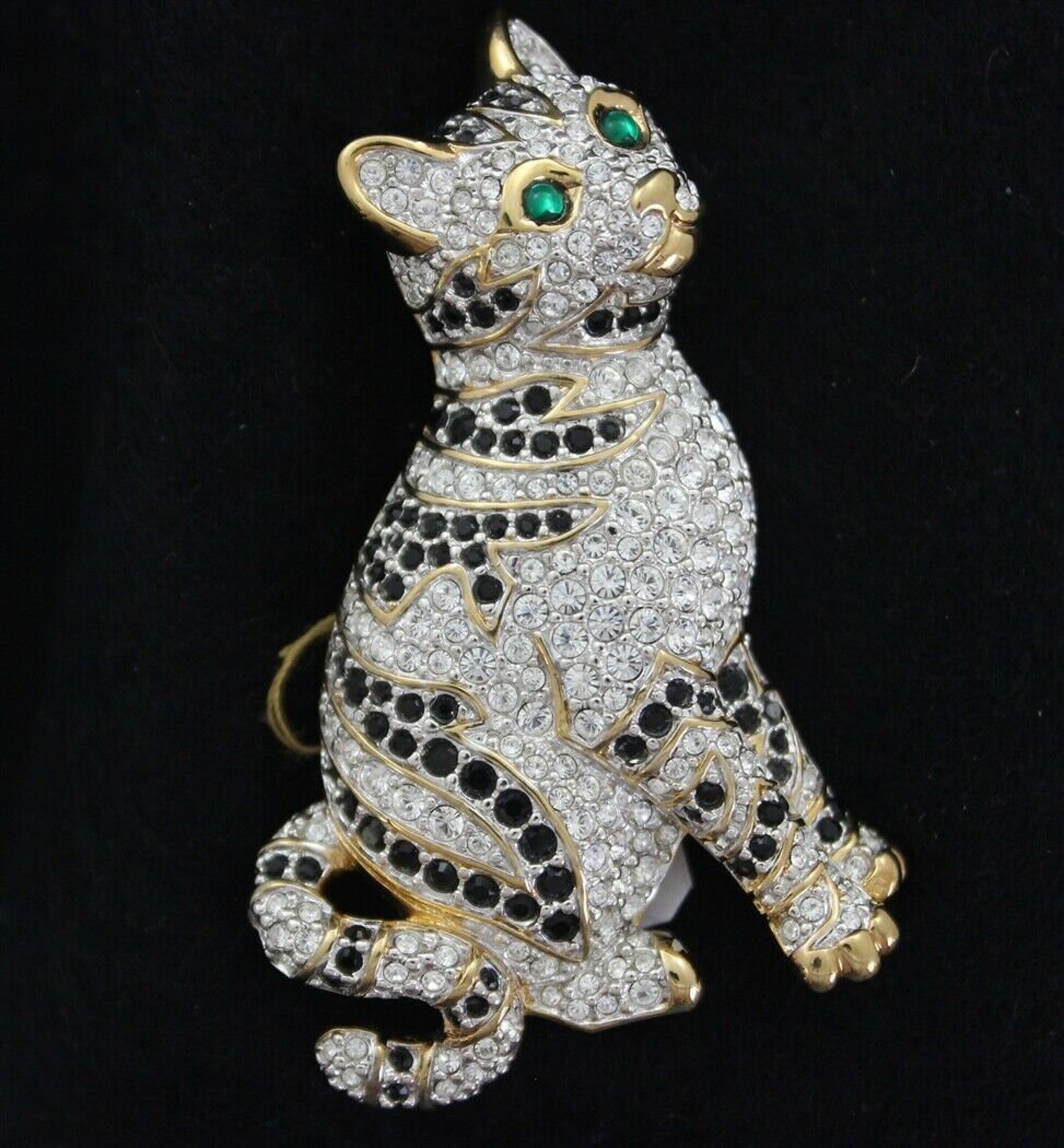 Swarovski Signed Gold Plated Cat Pin Brooch With Black and | Etsy