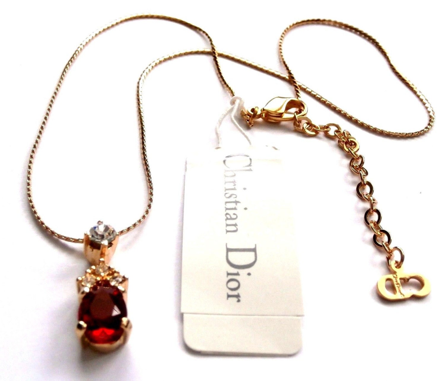 Christian Dior Signed Necklace Gold Plated With Ruby Red Crystal