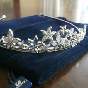 Swarovski Signed Rhodium Plated Confetti Tiara w/White Opal and Clear Crystals