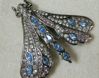Swarovski Signed Dragonfly Pin Brooch set with Blue and Black Diamond Crystals
