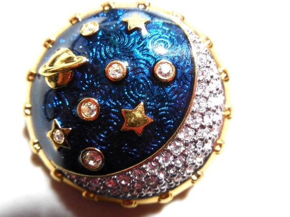 Swarovski Signed Gold Plated Moon Stars Pin Brooch Set With