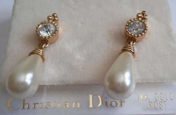 Christian Dior Pearl & Crystal Earrings with 14 k… - image 2