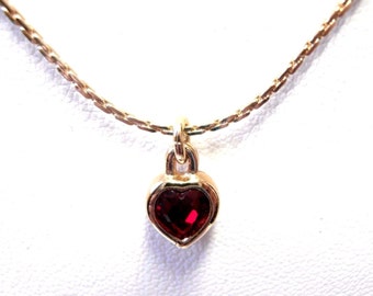 Christian Dior Signed Necklace Gold Plated Ruby Red Crystal Heart Pendant