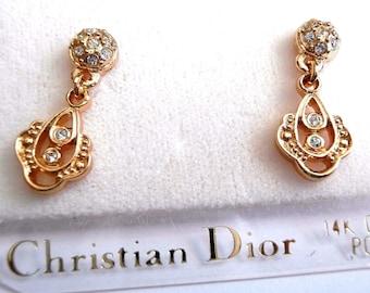 Christian Dior Crystal Earrings; Gold Plated, 14 kt Posts: Made in USA