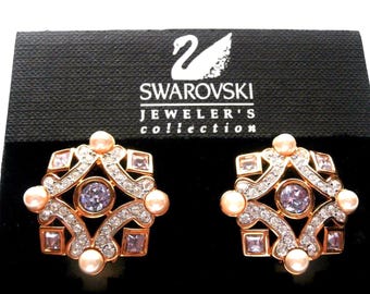 Swarovski Signed  Clip Earrings set with Light Purple and Clear Crystals & Pearls