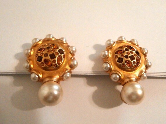 Swarovski Signed Gold Plated Clip Earrings w/Pear… - image 3