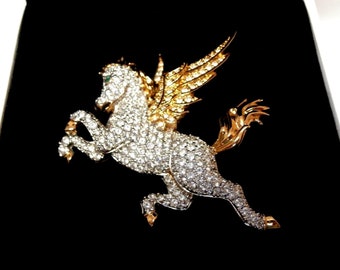 Swarovski Signed Pegasus Pin Brooch Gold Plated with Clear Crystals