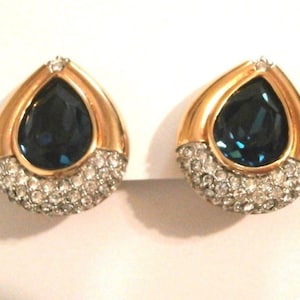 Swarovski Signed Gold Plated Clip Earrings w/Clear & Montana Blue Crystals