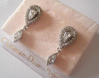 Dior Signed Post Earrings Rhodium Plated set with Clear Crystals and 14 kt gold posts