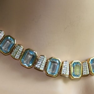 Swarovski Signed Necklace Gold Plated w/Full Cut Aquamarine & Clear Pave Crystal