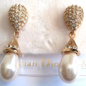 Christian Dior Gold Plated Earrings set with Crystals and Pearl w/14 kt Gold Posts