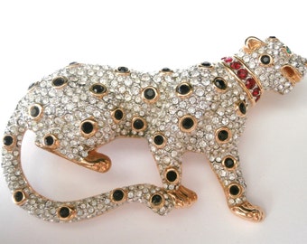 Signed Swarovski Pin Brooch Crystal Set Leopard in Rhodium & Gold Plated