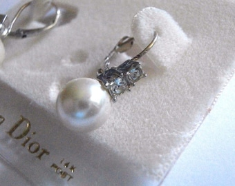 Christian Dior Rhodium Plated Leverback Earrings with Crystals & Pearl and 14 kt Gold Post