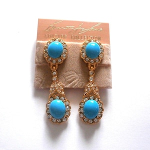 Kenneth Lane Signed Earrings Gold Plated Clip On Drop Earrings set with Turquoise & Clear Crystals