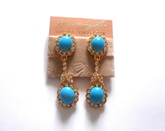 Kenneth Lane Signed Earrings Gold Plated Clip On Drop Earrings set with Turquoise & Clear Crystals