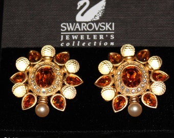1980's Swarovski Signed  Clip Earrings Gold Plated set with Crystals & Pearls