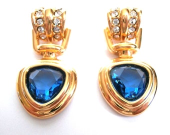 Swarovski Signed Post Earrings Gold Plated set with Sapphire & Clear Crystals