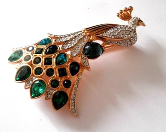 Swarovski Signed Gold Plated Peacock Pin Brooch with Clear & Emerald Crystals