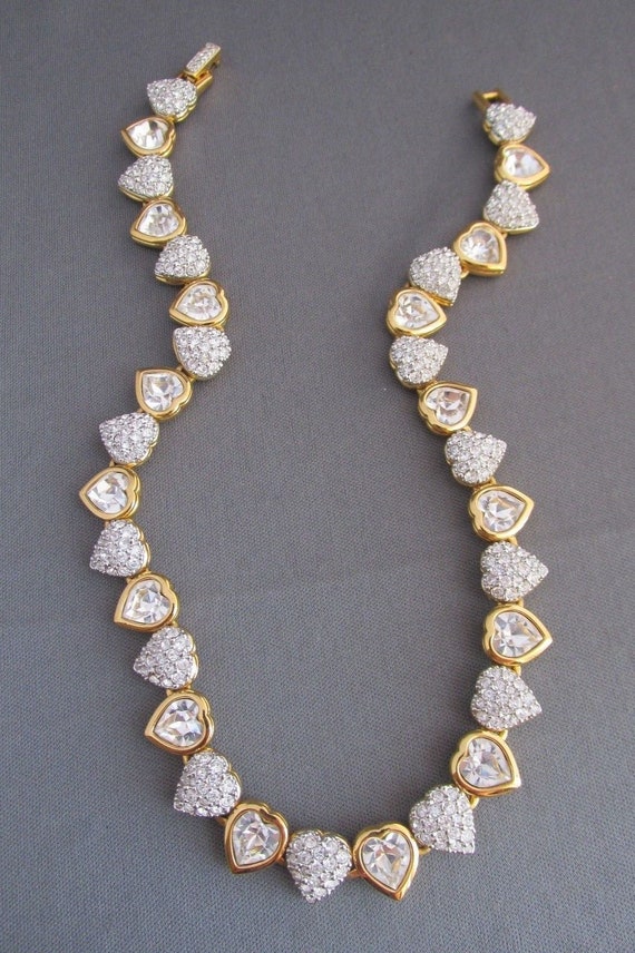 Swarovski Signed Necklace Gold Plated Hearts Set With Full Cut and