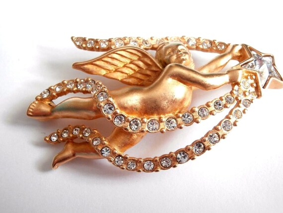 Swarovski Signed Gold Plated Star Angel Pin Brooc… - image 1
