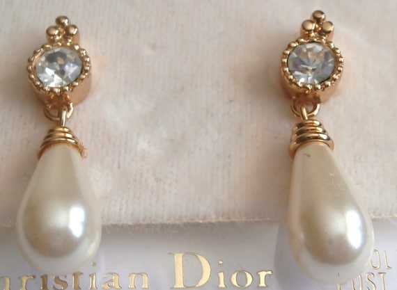 Christian Dior Pearl & Crystal Earrings with 14 k… - image 1