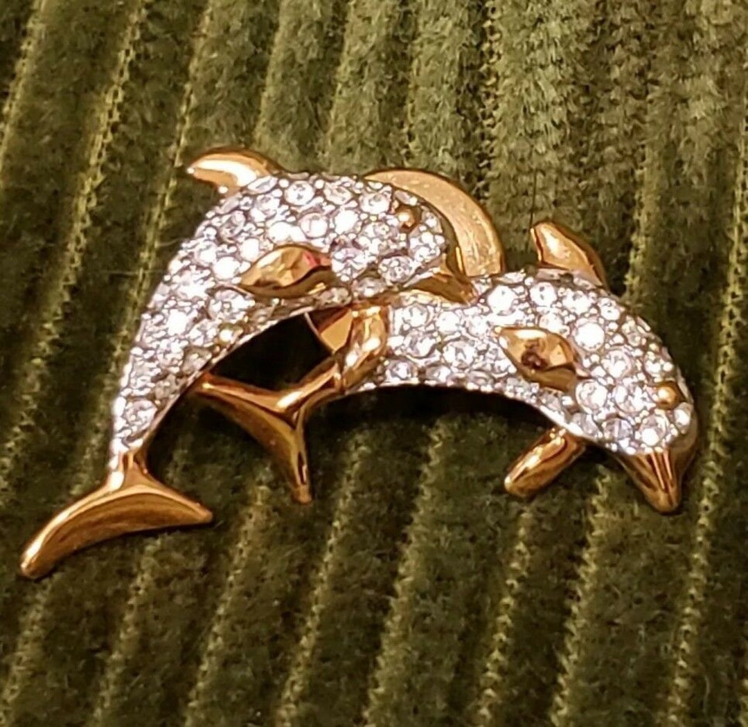 Swarovski Signed Gold Plated Dolphins Tac Pin Set With Clear