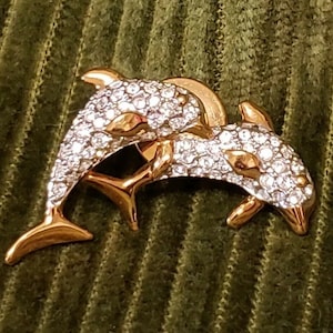 Swarovski Signed Gold Plated Dolphins Tac Pin set with Clear Crystals