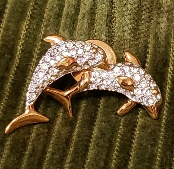 Swarovski Signed Gold Plated Dolphins Tac Pin Set With Clear
