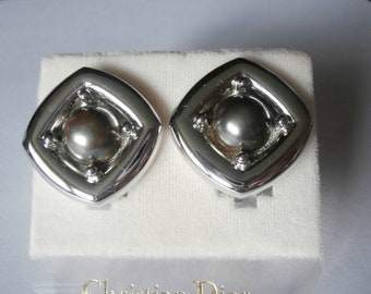 Christian Dior Signed Rhodium Plated Clip On Earrings