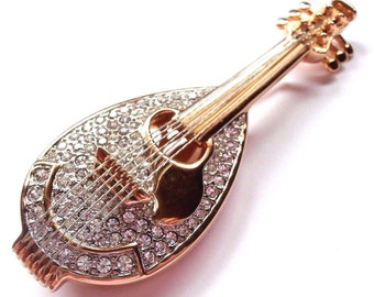 Swarovski Signed Pin Brooch Mandoline Gold Plated with Crystals