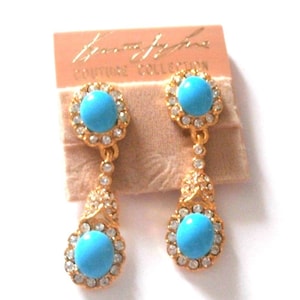 Kenneth Lane Signed Earrings Gold Plated Clip On Drop Earrings set with Turquoise & Clear Crystals