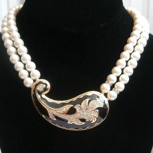 Swarovski Signed Pearl Necklace Double Strand with Crystal Set Center Pendant Swan Logo