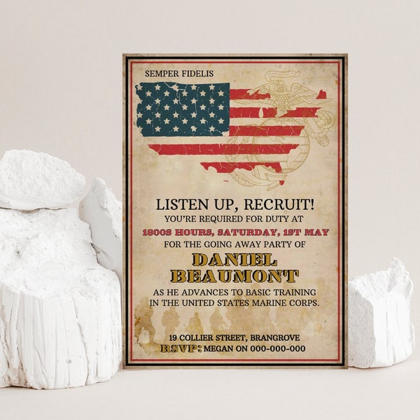 Military Going Away Invitation, Boot Camp Invite, Marine Retirement or Deployment Party, Basic Training Farewell Invite, Instant Download