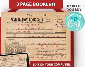 1940s Wedding Invitation, Ration Book Party Invitation Template, American Theme Bridal Shower, Printable WWII Birthday Party Invite