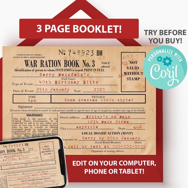 1940s Wedding Invitation, Ration Book Party Invitation Template, American Theme Bridal Shower, Printable WWII Birthday Party Invite