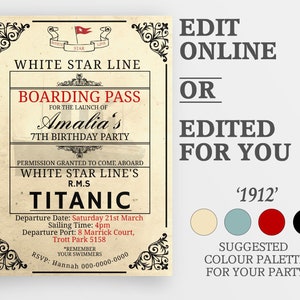 Titanic Boarding Pass Printable Template, Kids Titanic Birthday Party Invitations, Boarding Pass Editable, Titanic Wedding Invitations