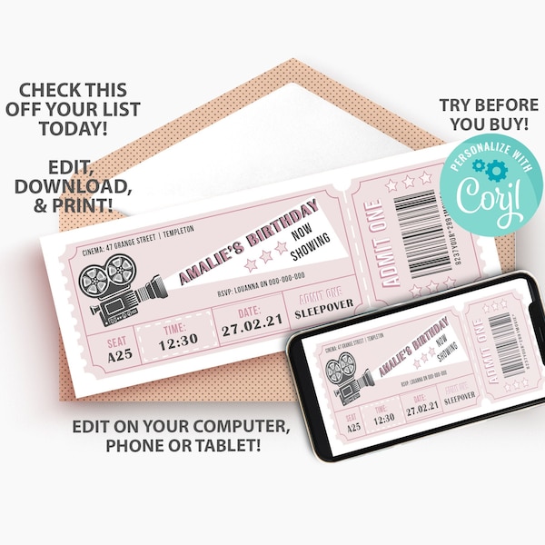 Movie Ticket Invitation Template, Girl Movie Night Birthday Party Invitation, Instant Download, Movie Ticket Stub, Admit One Invite